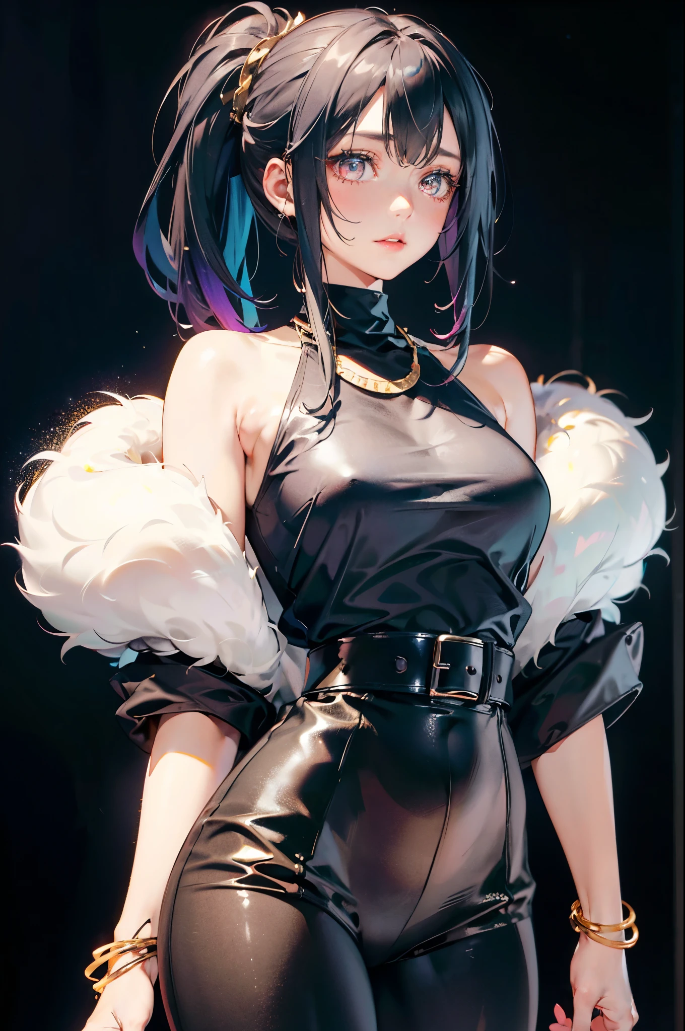 A 20-year-old female、Black and blue hair、ponytail、(High-top gradient:1.3)、Dark theme、mute、Soft colors、High contrast、(Natural skin texture、Surrealism、Soft Light、sharp)、cosmetic, mascara, Light lip color or, simple黑色背景, Minimalism, monotonous, simple调色板, Clean, sharp designs, Flowing contours, Tight skirts and leggings, High-waisted skirts and pants, simple连衣裙, Shirts & Tops, Asymmetry, Geometric, Elegant and luxurious materials and design, simple, Minimal accessories, Thin silver or gold necklace and ring, simple bangles, unique design, simple轮廓, Simple and exquisite style, grace, Minimalism, High-quality materials, Cool urban impressions, High-end fashion, Simple and sophisticated,