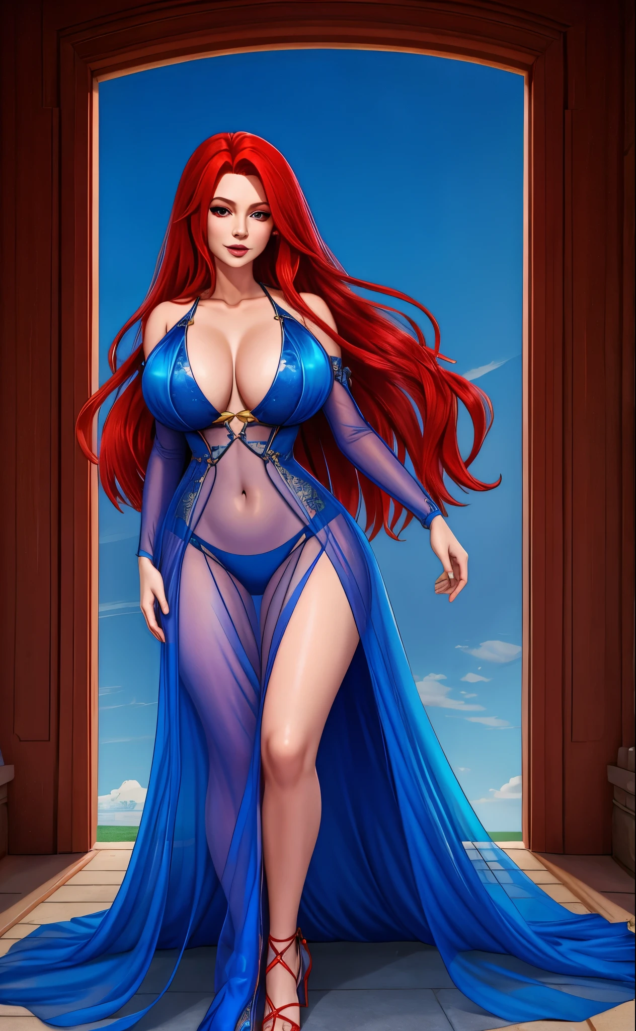 gorgeous red haired sorceress, blue see through dress, legslit, deep v-neck