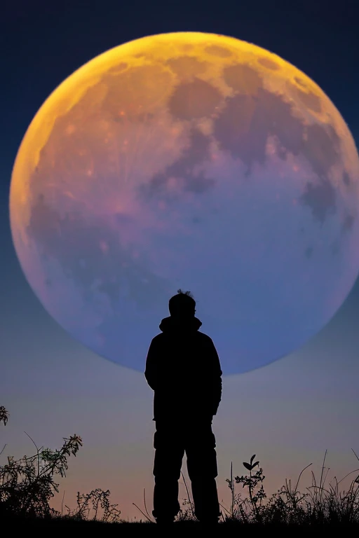 highest quality,Big moon and shadow,A silhouette of a person can be seen against the backdrop of a large moon.,There is one full moon,There is a mood,Beautiful scenery,Starry Sky