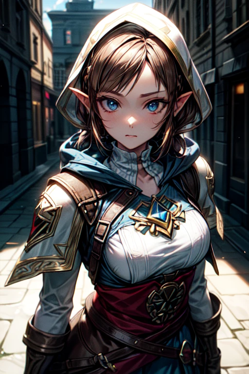 Full-length shot of Princess Zelda., Brown hair, Blue eyes, dressed as an assassin from Assassins Creed, in white+gold with white mask and hood with gold details, XL bust, using a blade on your wrist. background: The city during the Renaissance. unreal engine 5, Anime, Anime style, masterpiece, Well-drawn eyes, A well-drawn face, well detailed eyes, A well-detailed face, 8K, Light and shadow effect.  