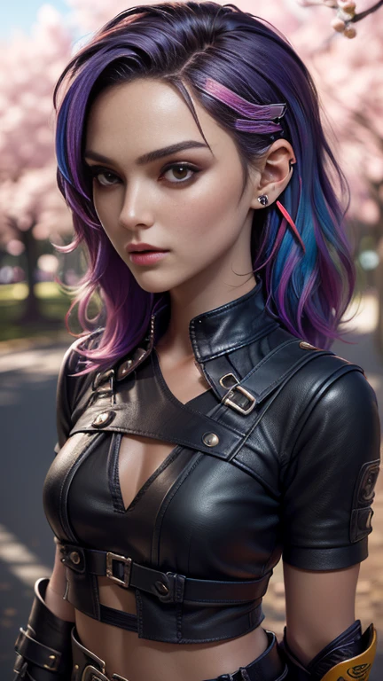 photo of celebrity, RAW, beautiful woman, ((portrait)), ((detailed face, colorful rainbow hair:1.2)), ((detailed facial feature, detailed skin, clear skin, parted lips), (perfect proportioned body, medium breasts), (wearing cropped cloth tunic , leather shorts, van braces, boots with shin guards, hair clip: 1.5)), (high detailed park with cherry blossoms: 1.3), (realistic photo, best quality, detailed), (8k wallpaper), (cinematic lighting, dramatic lighting) (sharp focus, intricate)