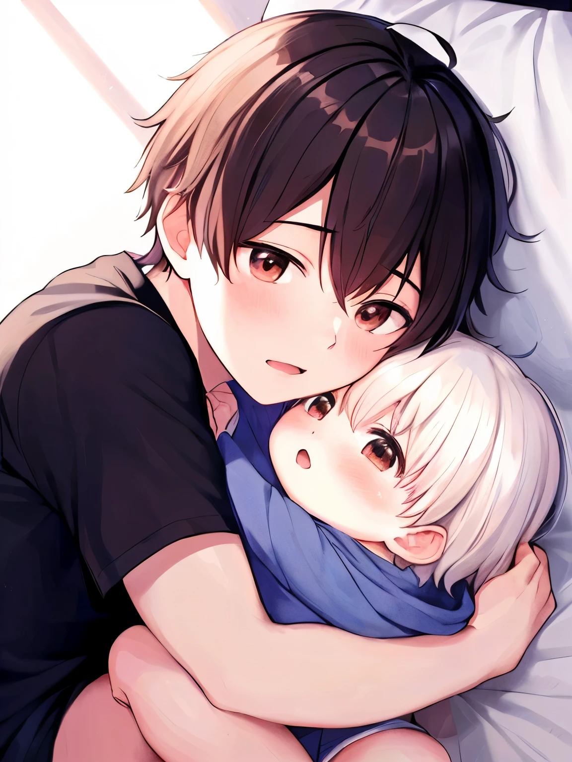 Anime boy hugging a baby on a bed with white sheets, everyone, Soft anime illustration, Cute realistic portrait, Cute Anime, 8k!!, Pixiv, Gweiz-style artwork, 4K Manga Wallpapers, 8k!, guweiz on Pixiv artstation, A cute boy, Digital anime illustration, Yaoi