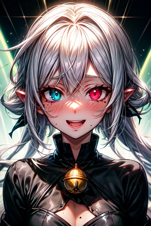 White hair, mole under the eye, inadequate sclera, Heterochromia, blush, Shy, Laughing, bell, ray tracing, divine rays, Backlight, glowing light, anime style  