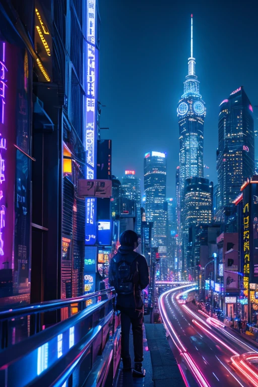 highest quality、Futuristic City、neon、Beautiful night view、colorful、Starry Sky、moon