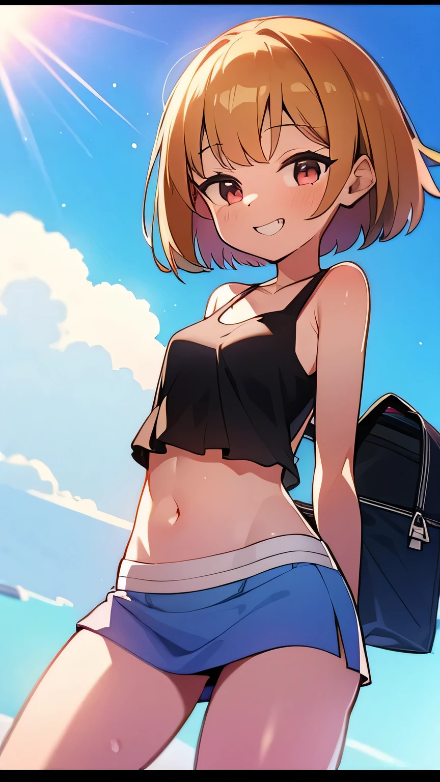 Best image quality,1People Girl,,Shiny Hair,black eye,Shining Eyes,smile,Double teeth,(Sunburn,Bikini Bag),sunflower,stream,Water Play,Wet,Tank top,See-through mini skirt,girl,small,small ,Navel Fashion,View from below,A mini skirt that falls to the waist