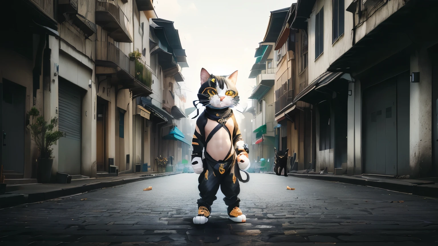 Anthropomorphic cat, anthropomorphic ninja, human-cat hybrid, anthro cat, anthro cat, anthropomorphic male cat, creative photo editing, hailing thing cat, cat walking, cats. Digital painting, Animals on the street, Photo editing