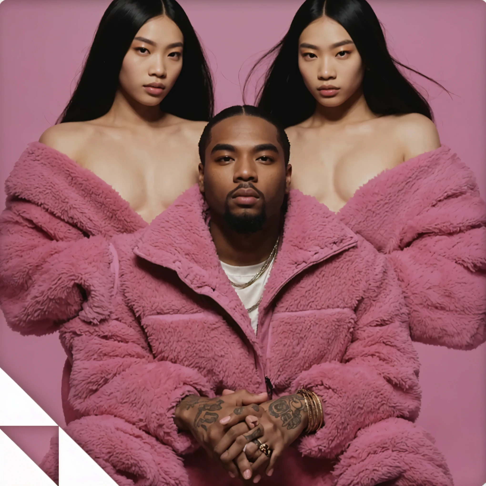 a close up of two people in pink coats posing for a picture, attractive humble pimp D´angelo, inspired by Zhu Da, covered in pink flesh, yeezy, portrait of a pink gang, rapper, childish, r&b, chilling, inspired by Wang E, colored album art, aesthetic shot, inspired by Wu Bin, remastered, pink fur, infrared, sitting down