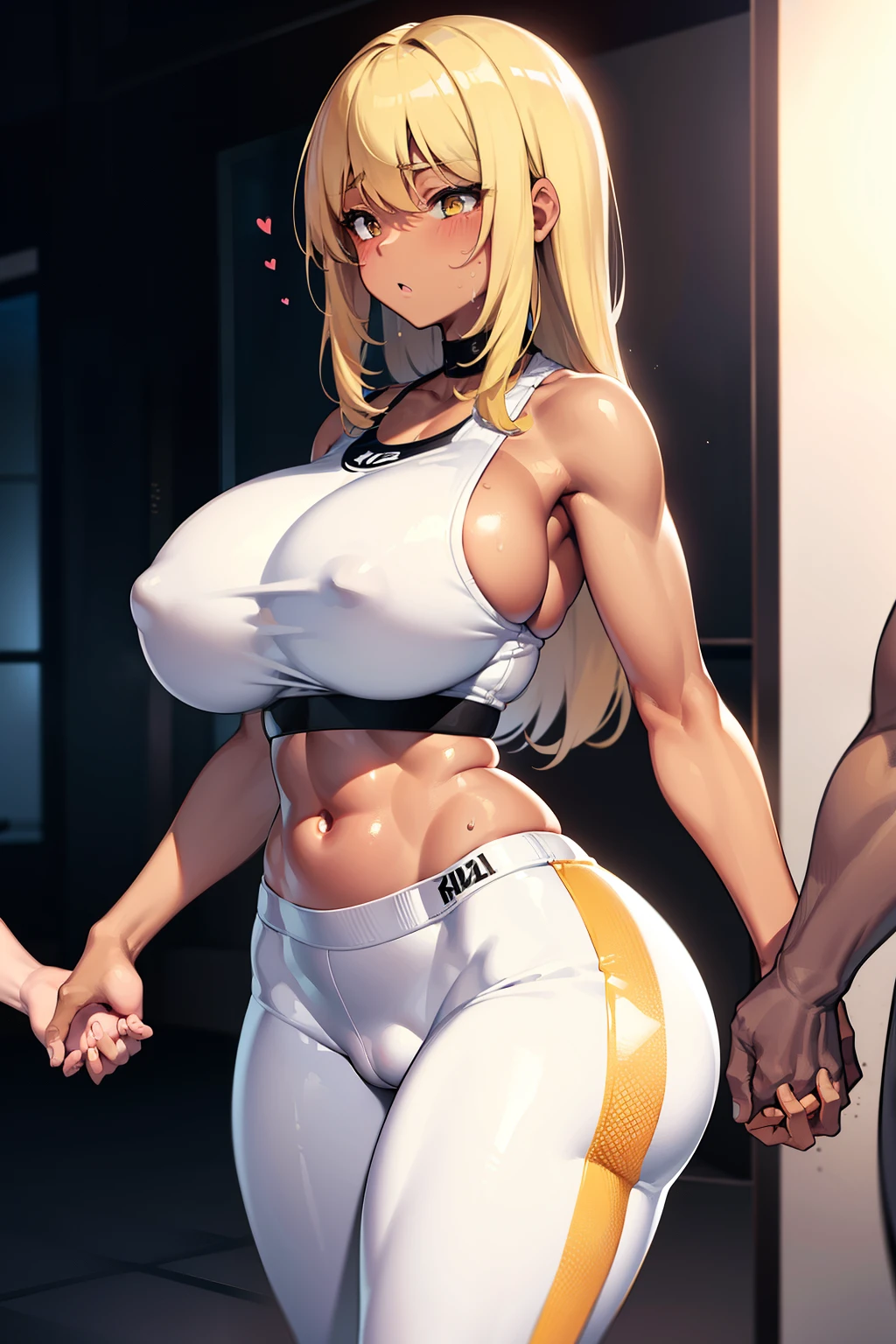 gym, workout, hot, sweating, sweaty, white clothes , white yogapants, tan, big , tan skin, Best quality, massive breasts, massive ass, very curvy, dark brown skin, long blond hair, yellow eyes, slutty, gyaru, full lips, seductive embarrassing face, embarrassing, blushing, gym, white clothes, yoga pants, gym, massive breast, wide hips, darkskin, tan, white clothes , coach helpinh her up, coach reaching out hand,curvy woman, reaching out hand, grabbing hand, holding hands, in pain, curvy woman, holding hands , white clothing, white yogapants, sfw, white pants, white clothes, white yogapants, holding hands, hand holding , blonde, blonde hair, brown skin, blonde , gym reaching out hand, grabbing hand, holding hands,
