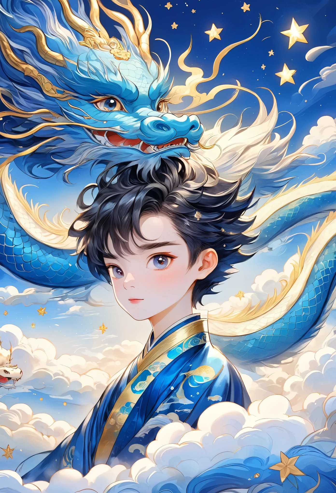 Hand-drawn style：粗糙的Texture，1 Boy，Short fluffy hair，Surprise hair，Bright Eyes，Hanfu，Cloud，Star，moon，dragon，Beautiful details，Texture，Blue and gold