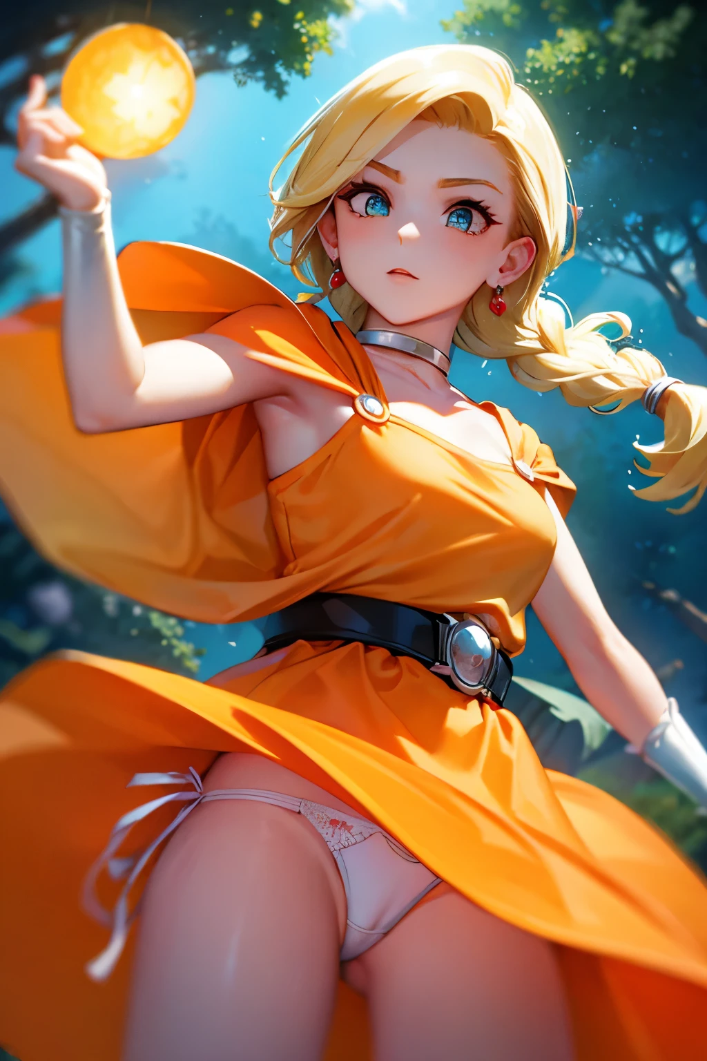 Bianca chanting a spell,shoot from below,white panties,storm from below,thundercloud,dqBianca
single braid, earrings, choker, orange cape, green dress, belt