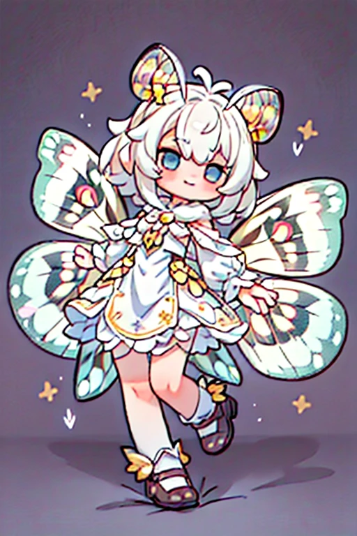 solo,1woman\(cute,kawaii,small ???,skin color white,short white hair,(big moth wing hair:1.7),white dress\(beautiful race\),(2moth antennaes at hair:1.8),smile,[moth wing on back:2.0],[moth wing on body:2.0],[moth wings:2.0],[extra arm],moth wing is only at hair,breast,dynamic pose\),background\(soft dappled sunlight,beautiful forest,dark,\), BREAK ,quality\(8k,wallpaper of extremely detailed CG unit, ​masterpiece,hight resolution,top-quality,top-quality real texture skin,hyper realisitic,increase the resolution,RAW photos,best qualtiy,highly detailed,the wallpaper,cinematic lighting,ray trace,golden ratio,\),full body