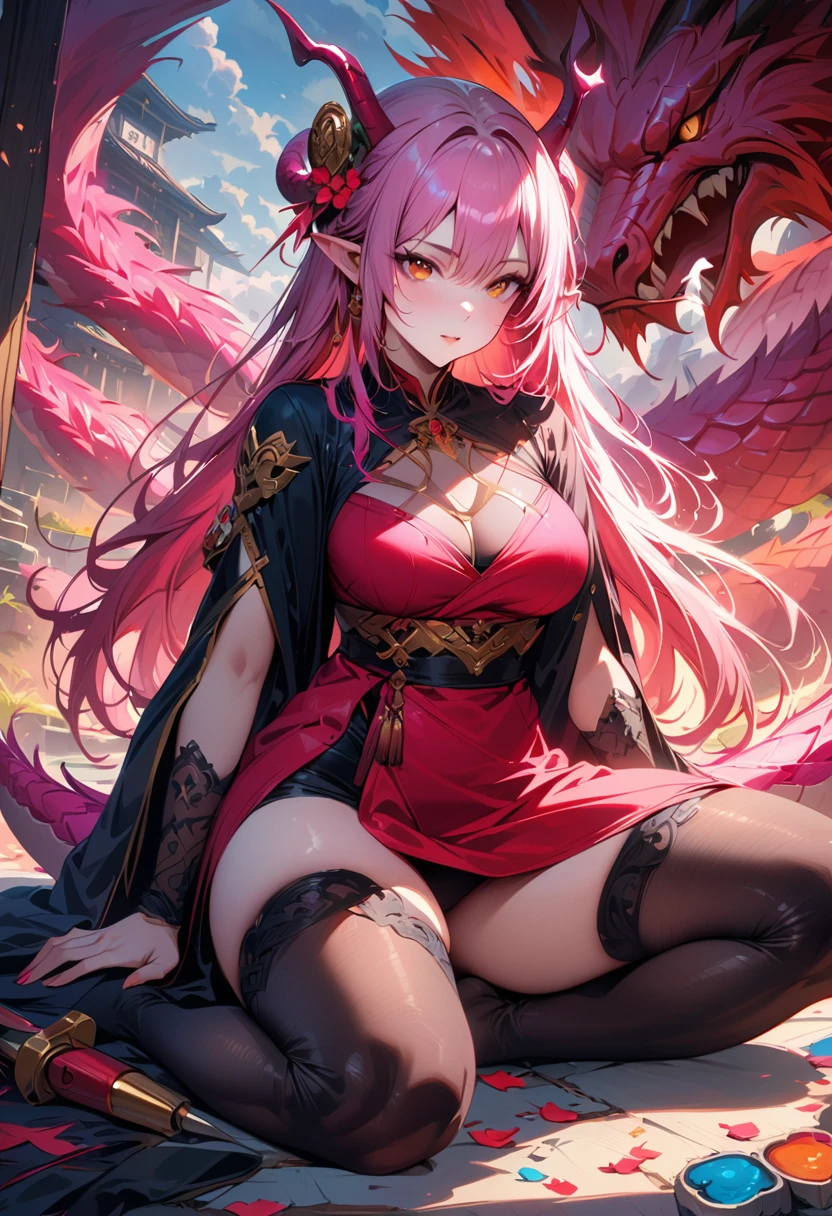 (best quality, 4k, 8k, high resolution, masterpiece:1.2),ultra-detailed, realistic, body details, vibrant color palette, sculpting tools, polished surface, ethereal atmosphere, impeccable craftsmanship, transcendent beauty, awe-inspiring artwork, 1woman, dragon girl with pink hair, pale skin, amber dragon eyes, medium breasts, curvy body, thick thighs, magenta kimono, black thigh highs, pointed ears, pink east Asian dragon horns, pink east Asian dragon tail, cherry blossom hair ornament, sitting under cherry blossom tree