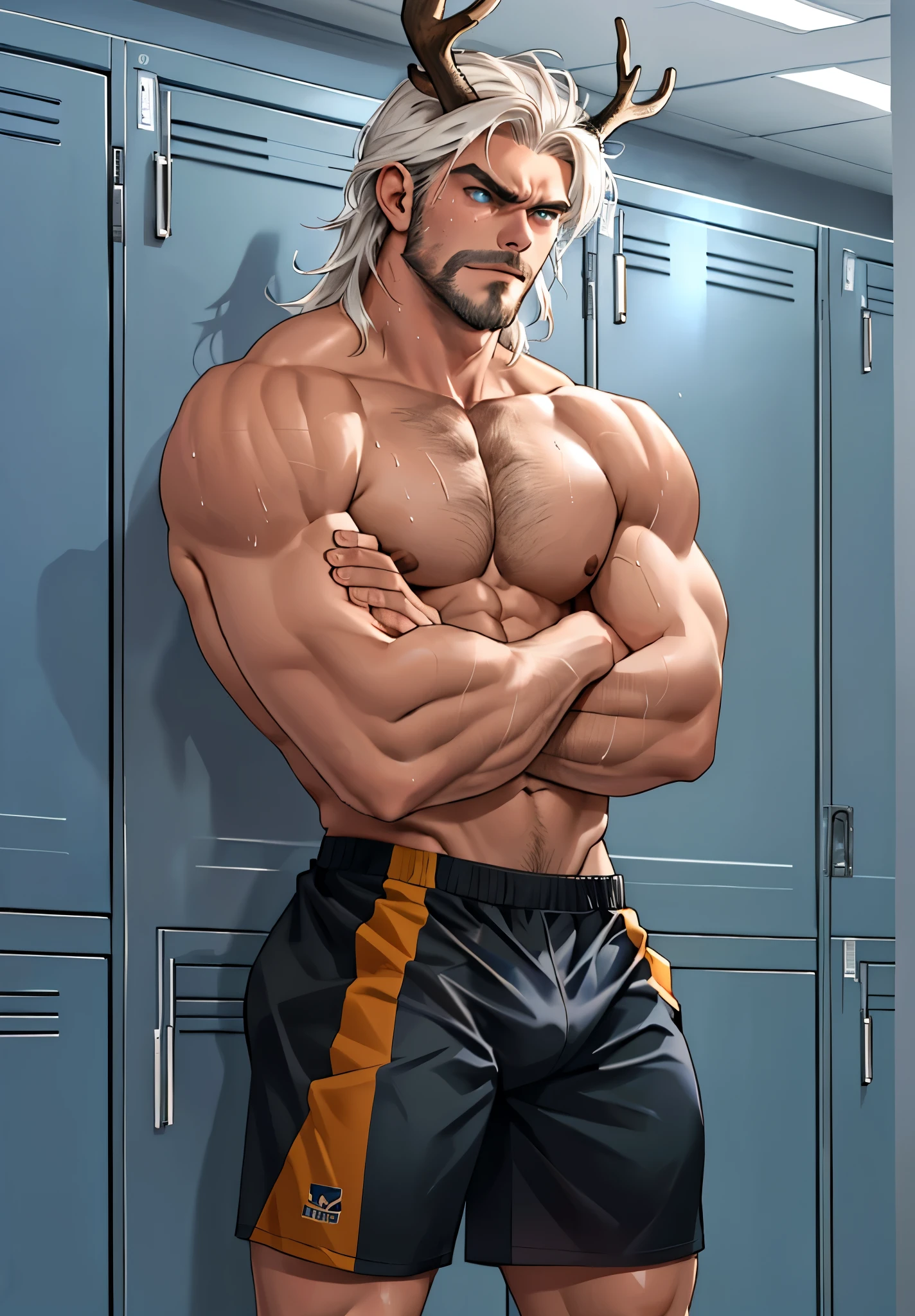 Close up, there is a man with deer horns that is standing next in locker room, commission for high res, sfw version, bare chest, anthropomorphic, muscular chest, highly detailed full body, (sfw) safe for work, strong and imposing, detailed full body, muscular character, extra detailed body, macho pose, body detailed, (looking form beside), wet body, sweaty, long white hair, white beard, Topless, many body hair, huge crotch, sport shorts, volleyball player, crossed arms pose, body hair, angry face, Blue eyes,