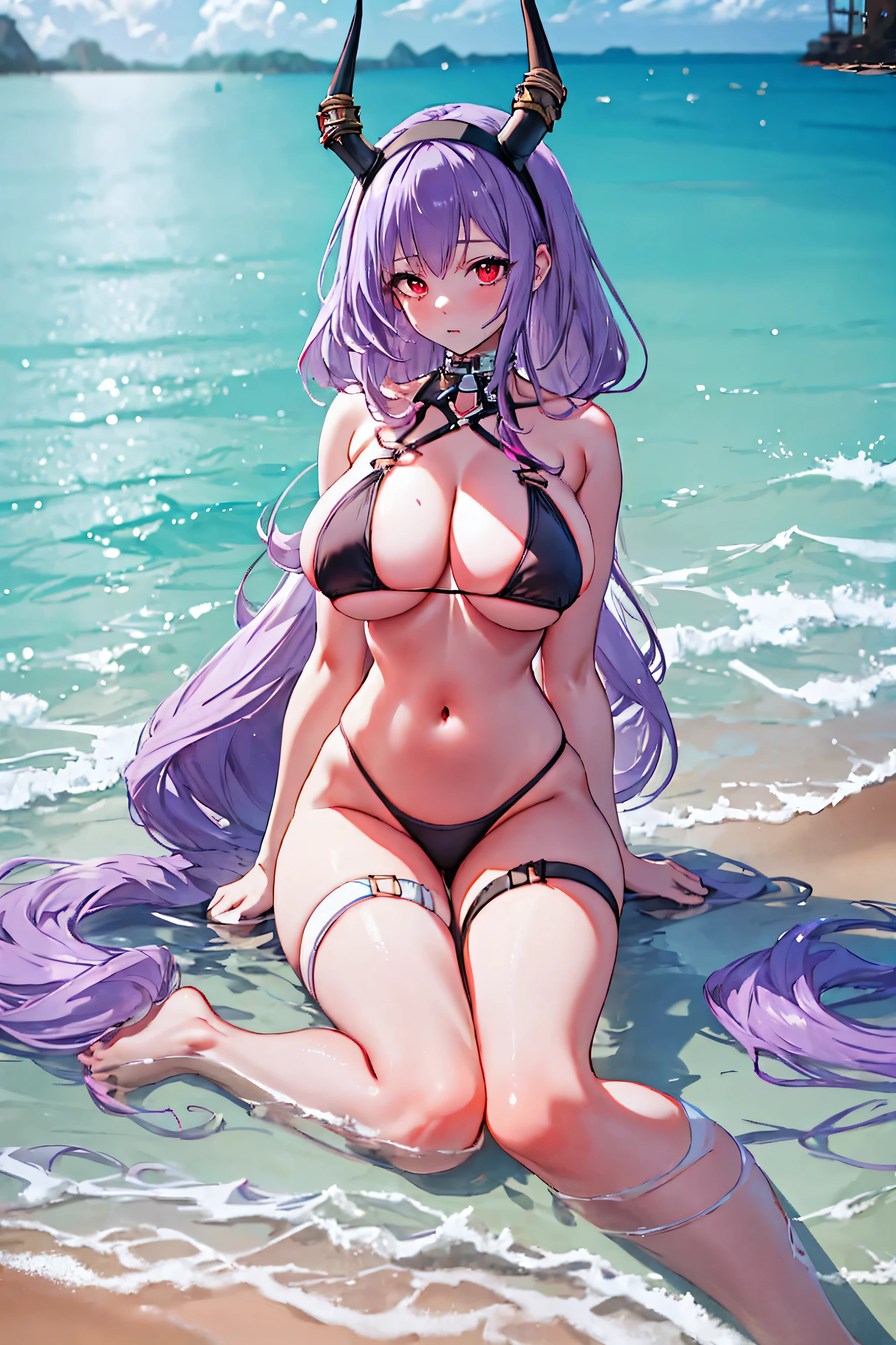 typhon| arknights, micro bikini, Masterpiece, best quality, 1 girl,25 years old , Huge, enormous breasts, very long hair, hairband, purple hair, red eyes, proportion body, proportion, show your , Water set, This micro bikini,micro mini bikini, Lying on the beach with alluring challenges, unctuous. ,only, beautiful sea, The sky is beautiful, Looking at the audience from the front, thigh strap, tilt your head, bored, 10, 10, high resolution, expressionless,
