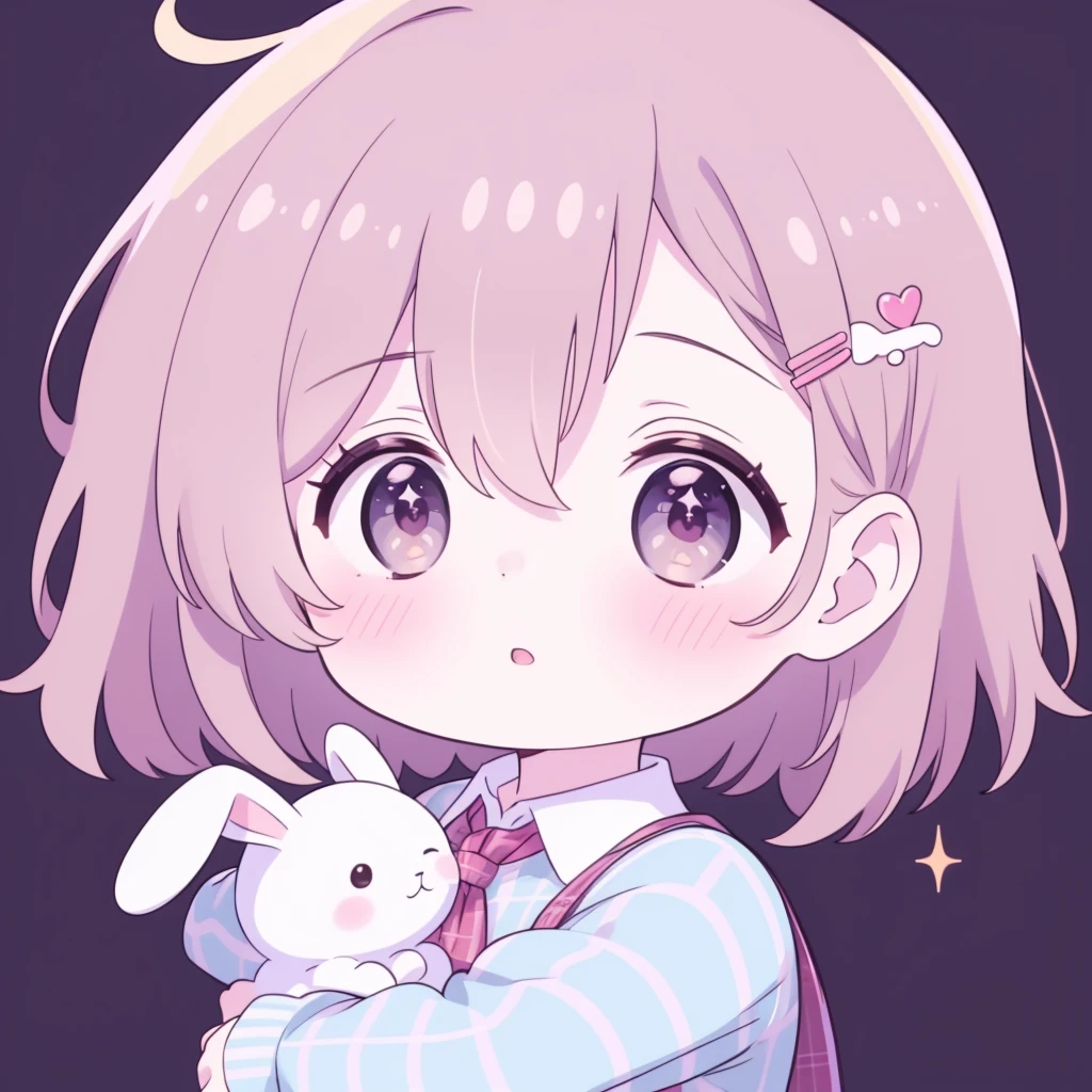 round image, caizi touxiang, 1girl, heart, solo, hair ornament, virtual youtuber, symbol-shaped pupils, ahoge, brown hair, heart-shaped pupils, stuffed toy, long hair, plaid, blush, stuffed animal, bangs, brown eyes, shirt, holding, outline, heart ahoge, white outline, holding stuffed toy, stuffed bunny, plaid shirt, upper body, collared shirt, chibi, parted lips, rabbit hair ornament, looking at viewer, long sleeves, simple background, sparkle, unmoving pattern, hairclip