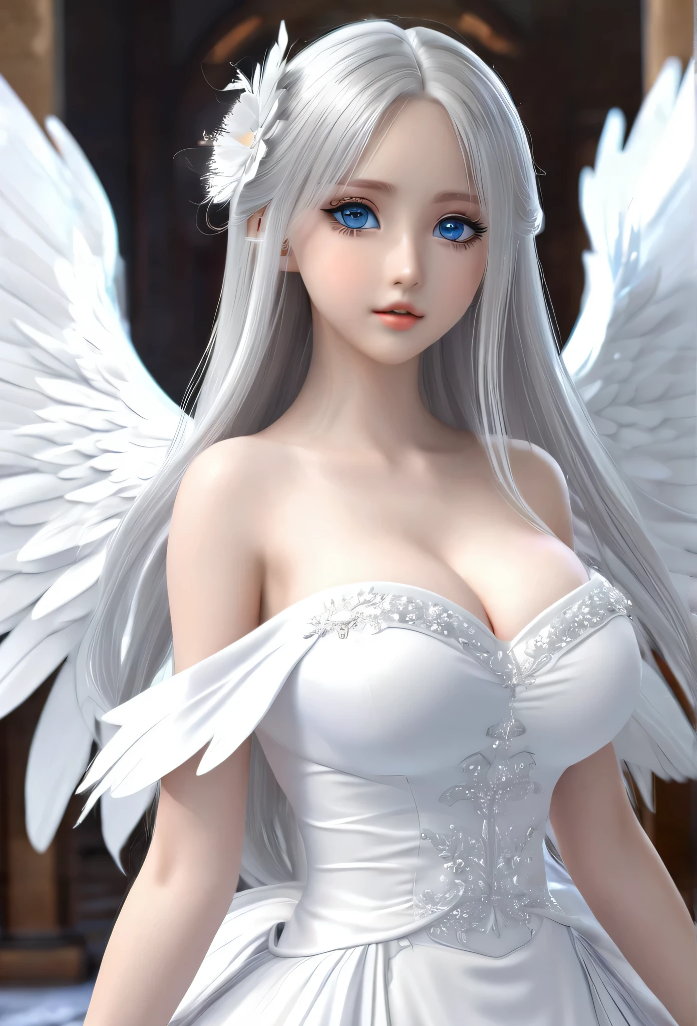 18-year-old girl,Silver long hair,Blue Eyes,Long eyelashes,White skin,Big eyes,Unbelievably huge breasts,((3D anime style)),A revealing white dress,white shining wings,