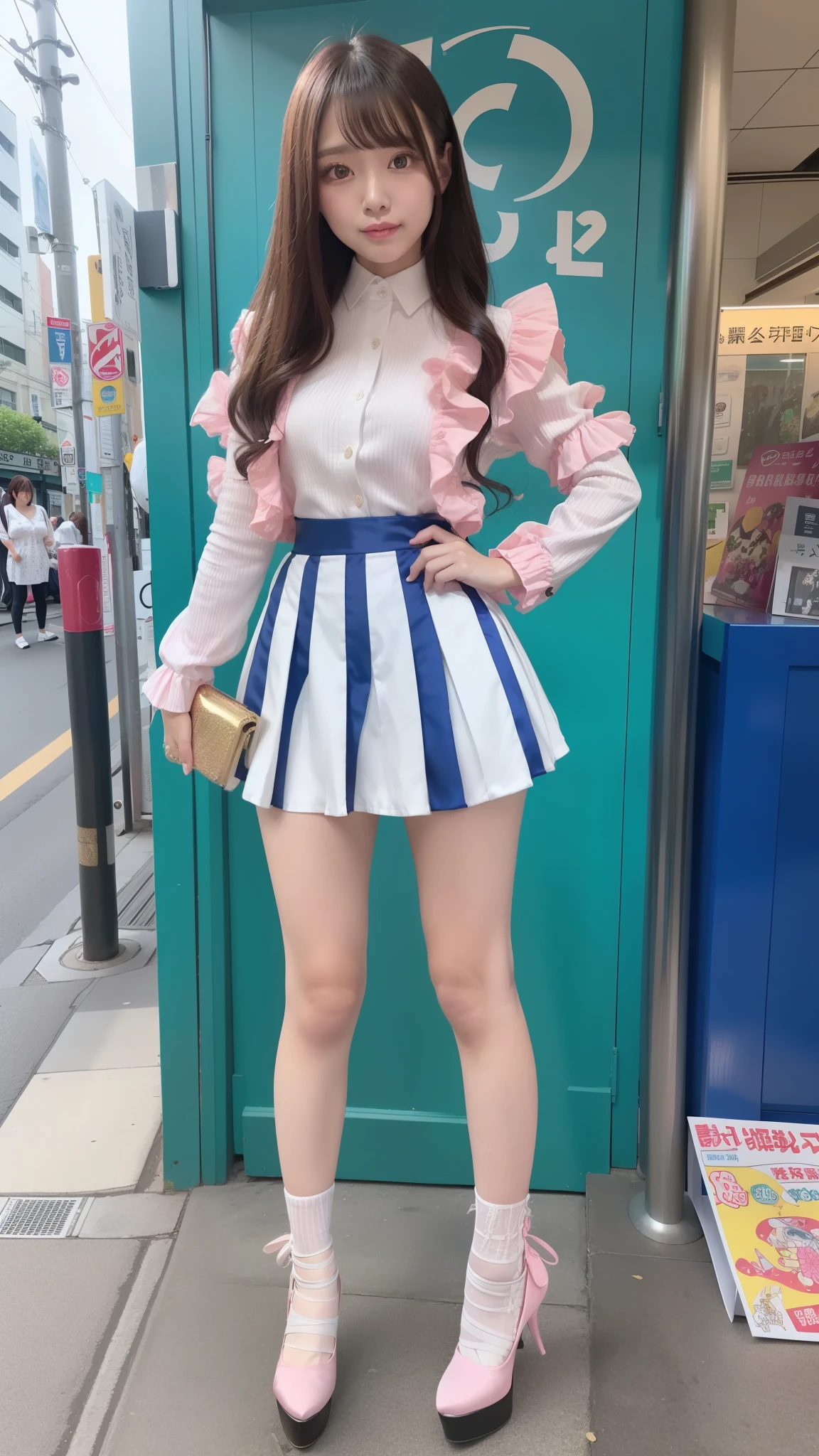 Costume like a idol, blue and white half sleeve Jacket, pink satin ruffled blouse, White and pink stripe pleated skirt, robot