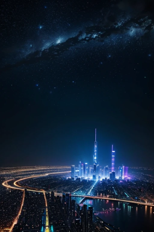 highest quality、Futuristic City、neon、Beautiful night view、colorful、Starry Sky、moon