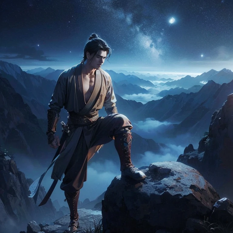 (Best Quality:1.2), (high resolution:1.2), (beautiful face and eye:1.5), (sharpest focus:1.2), (Ultra-realistic Photo:1.2), (Ultra-precise Photo:1.2), (Depth of field:1.2), (8k high resolution:1.2). (perfect ???????:1.2), 
(nice hands:1.5), (perfect hands:1.5), (Cynical smile:1.2), (A very young and beautiful Chinese man:1.0), (lying down quietly with closed sick eyes:1.2), (At the top of a steep rocky mountain:1.2), 
(Stars of Leo twinkling in the night sky:1.2), (Looking down angle:1.2), (holding a drawn sword:1.0), (Chinese warrior with very light armor and beat-up arms:1.0), 