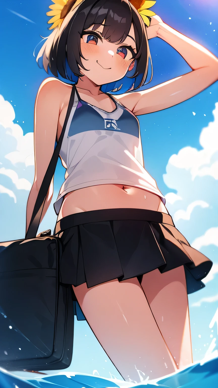 Best image quality,１People Girl,,Shiny Hair,black eye,Shining Eyes,smile,Double teeth,(Sunburn,Bikini Bag),sunflower,stream,Water Play,Wet,Tank top,See-through mini skirt,girl,small,small breasts,Navel Fashion,View from below,A mini skirt that falls to the waist