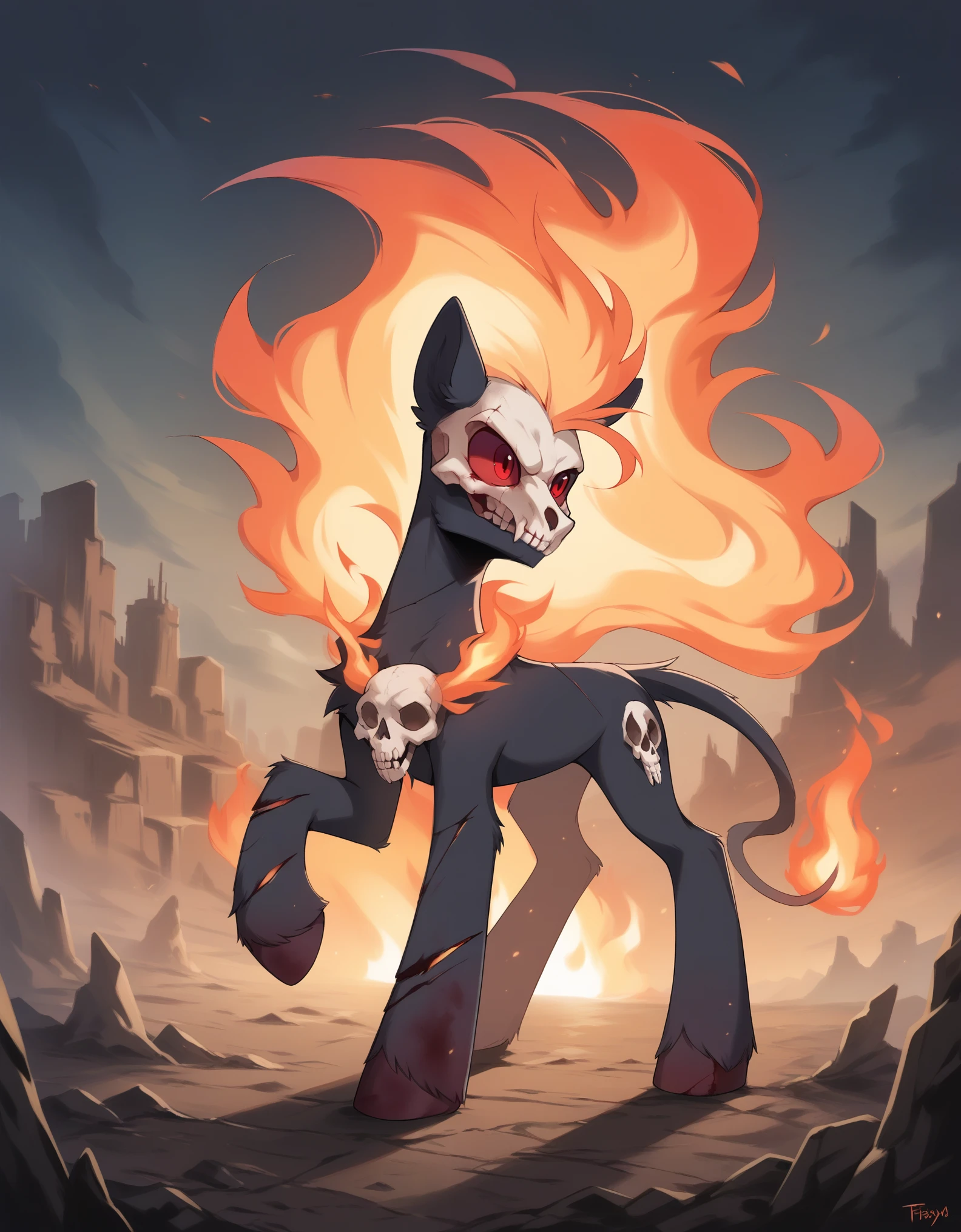 score_9, score_8_up, score_7_up, MLP, black fur, firey hair, red eyes, death, skull tattoo, desolate landscape, fire in the background, post-apocalyptic scene, only one pony, solo scene