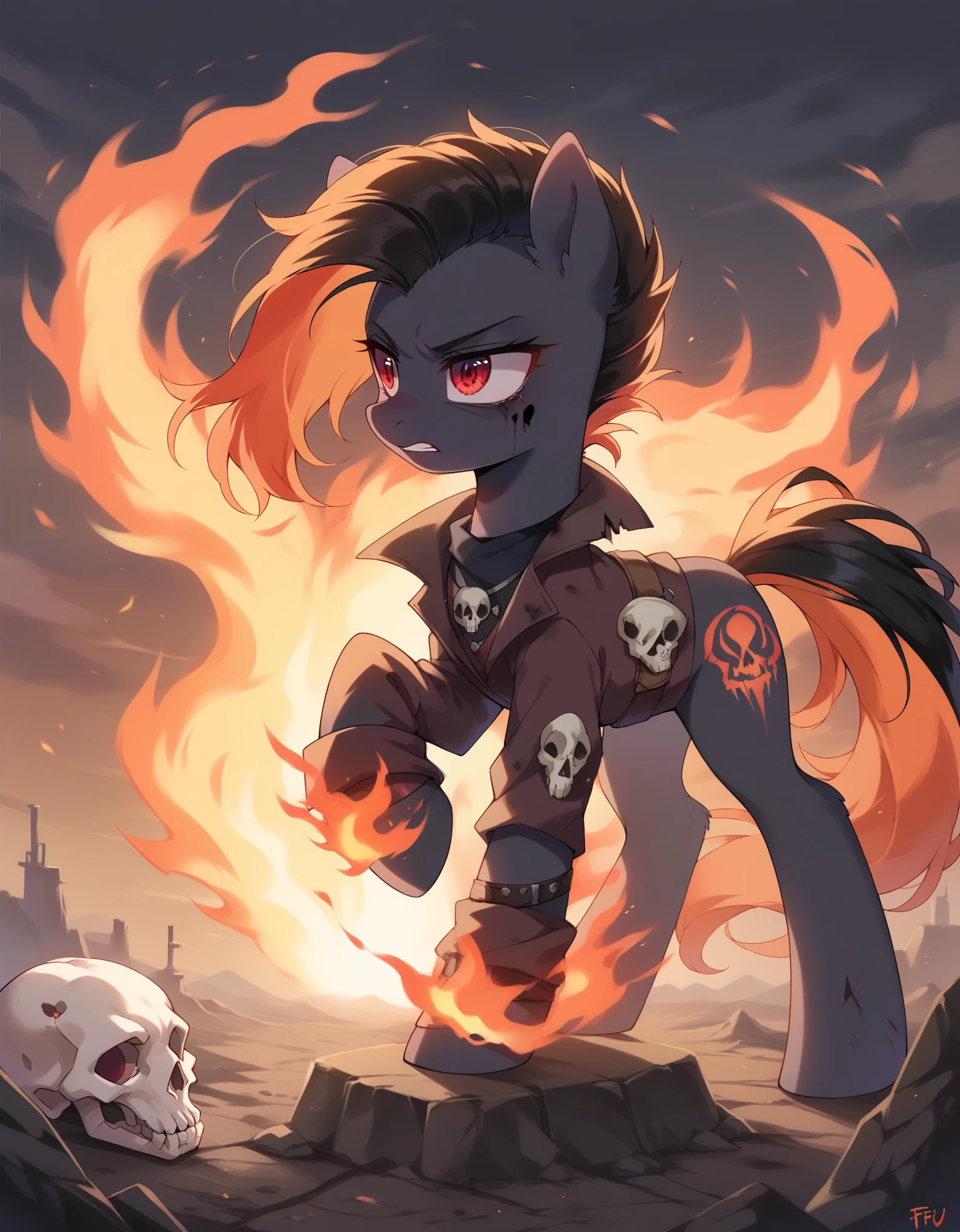 score_9, score_8_up, score_7_up, MLP, black fur, firey hair, red eyes, death, skull tattoo, desolate landscape, fire in the background, post-apocalyptic scene, only one pony, solo scene