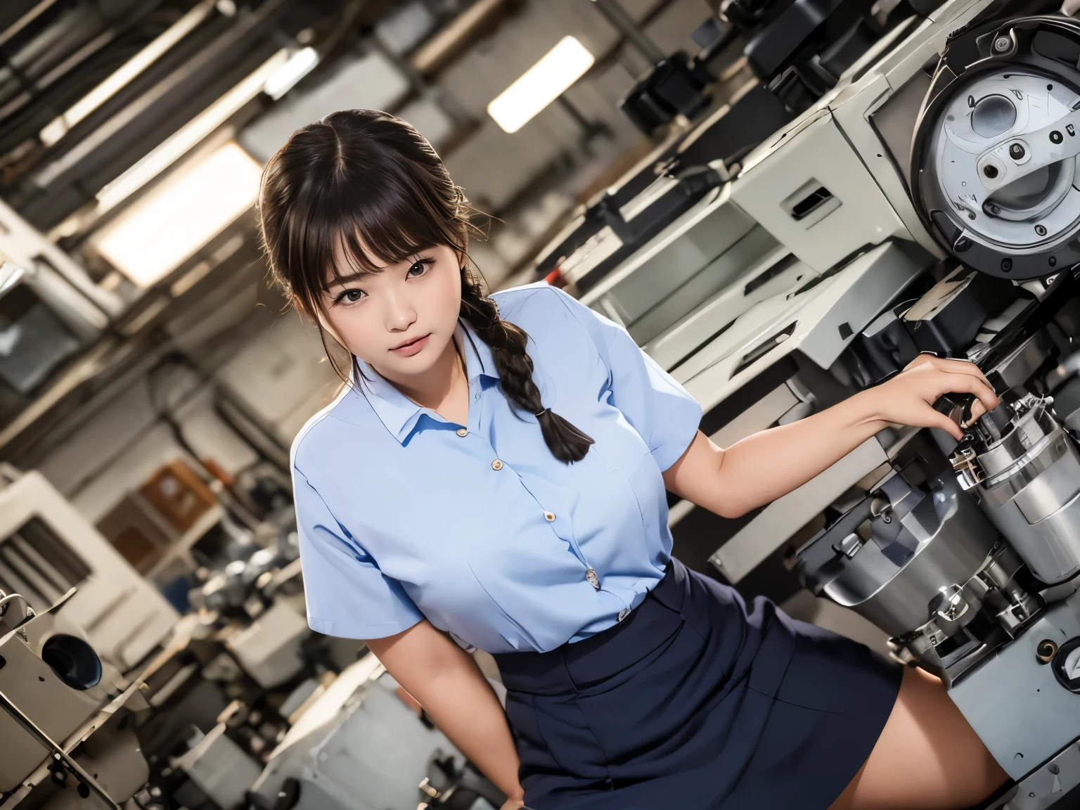 a women, (((round face))), factory clerk, wearing work clothes, skirt, straddling to hit her crotch on exposed pipe, open legs, raise leg, masturbation, ecstasy, braid, in the factory, machines, ceiling, nameplate, id card, angle from back below,