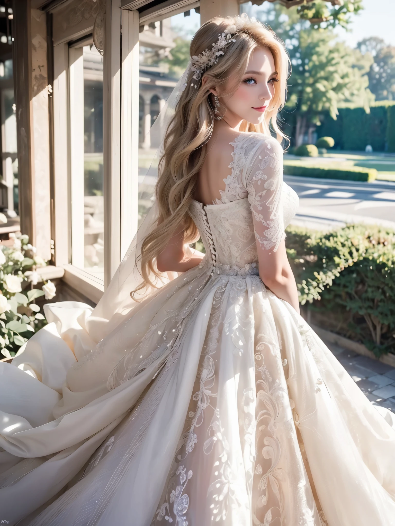 (masterpiece, best quality, beautiful and aesthetic:1.3), look back, looking at viewer, 1girl, solo, light smile, (makeup, long hair, light beige hair, blue eyes:1.2), Octane Render, bridal veil, lace-trimmed dress, see-through, wedding dress, outdoors, white roses, garden, morning, standing, extreme detailed,