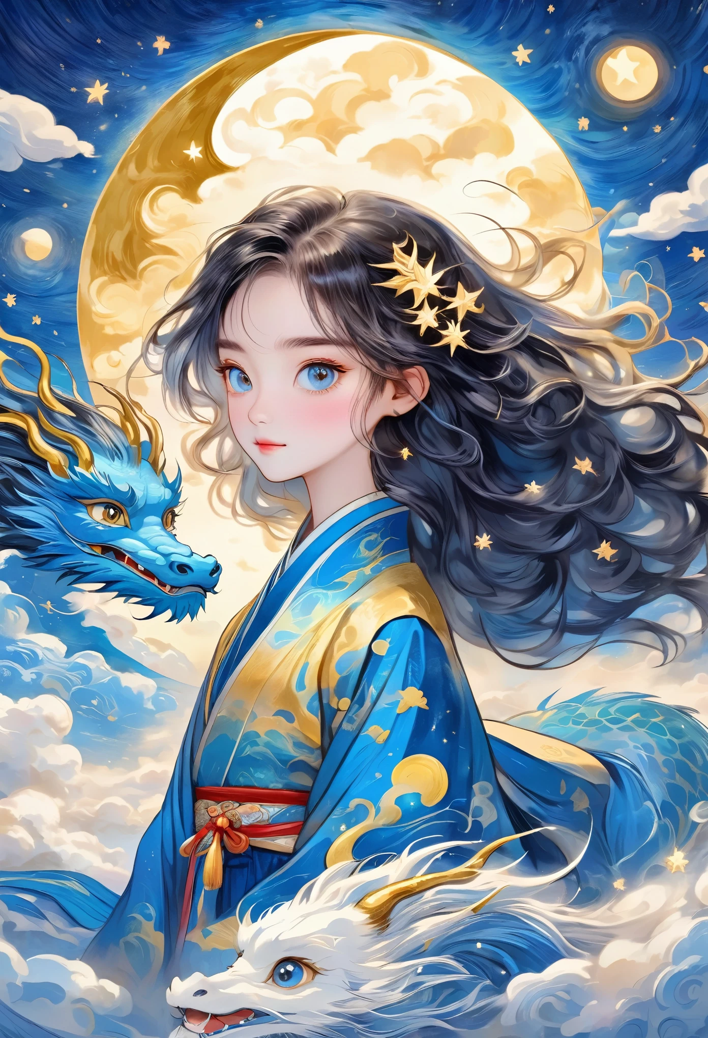 Hand-drawn style：粗糙的Texture，1 Girl，Fluffy messy long hair，Surprise hair，Bright Eyes，Hanfu，Human anatomy is correct。Cloud，Star，moon，dragon，Beautiful details，Texture，Blue and gold，Integrating into the art of Van Gogh