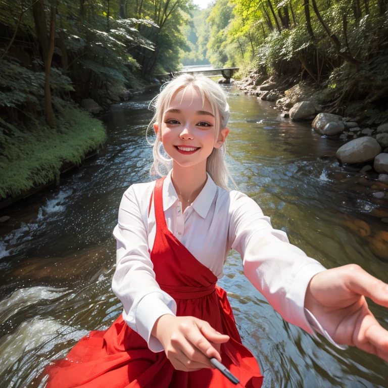 Magical river nymph,white+red long shirt,slavic,smiling,taking a selfie —ar 9:16 —style raw —v 6