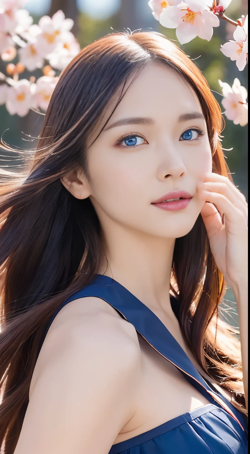 (logo, masterpiece, 8k, table top, RAW photo, wonderful, 最high quality, Photorealistic and hvery detailed CG integrated 8k wallpaper, high quality, very detailed, Narrative poem, particle effects, dynamic effects, written boundary depth, cinematic light, Lens flare, ray tracing)), fantasy, ((1 beautiful woman, clear blue eyes, 赤いlong hair, beautiful face, real face, beautiful detailed eyes, beautiful skin, woman dancing gracefully:1.7, woman dancing gracefully:1.7)), Long red hair fluttering in the wind, long red hair bounces, Long red hair dancing in the wind, hair jump, halter neck,  red leather pants, red leather jacket, silver earrings, ((night, Wind, darkness, full moon, Night Sky, Wind, cherry blossoms, cherry blossomsの花びらが舞っている, cherry blossoms snowstorm, falling petals, flying petals)), hip up, beautiful eyes, long hair, ring-shaped eyes, jewelry, tattoo, Hanfu, chinese fairy, taoist uniform
