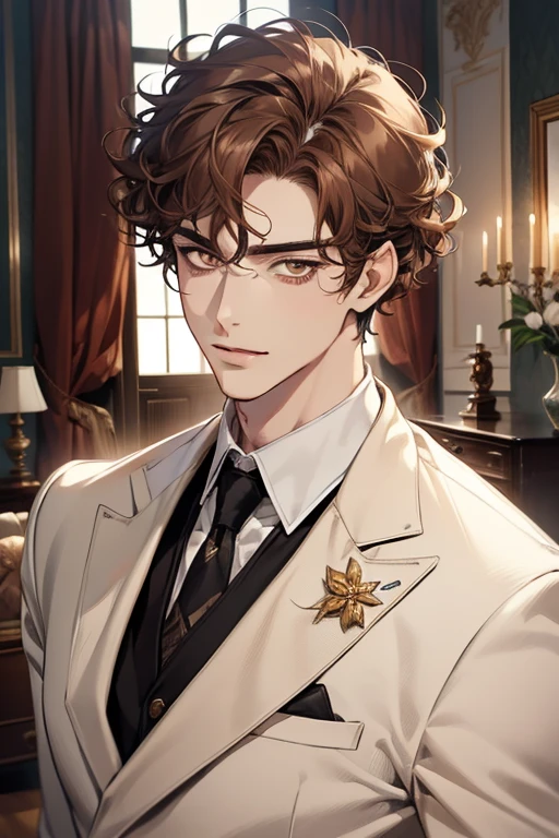 masterpiece, best quality, realistic, 1man, mature male, quiet and charming young man, 28 years old, adorable, closed mouth, portrait, extremely detailed face, soft smile, ((dark amber eyes)), ((short-sides-swept curly light brown hair)), [thick eyebrows], living-room, ((white suit))