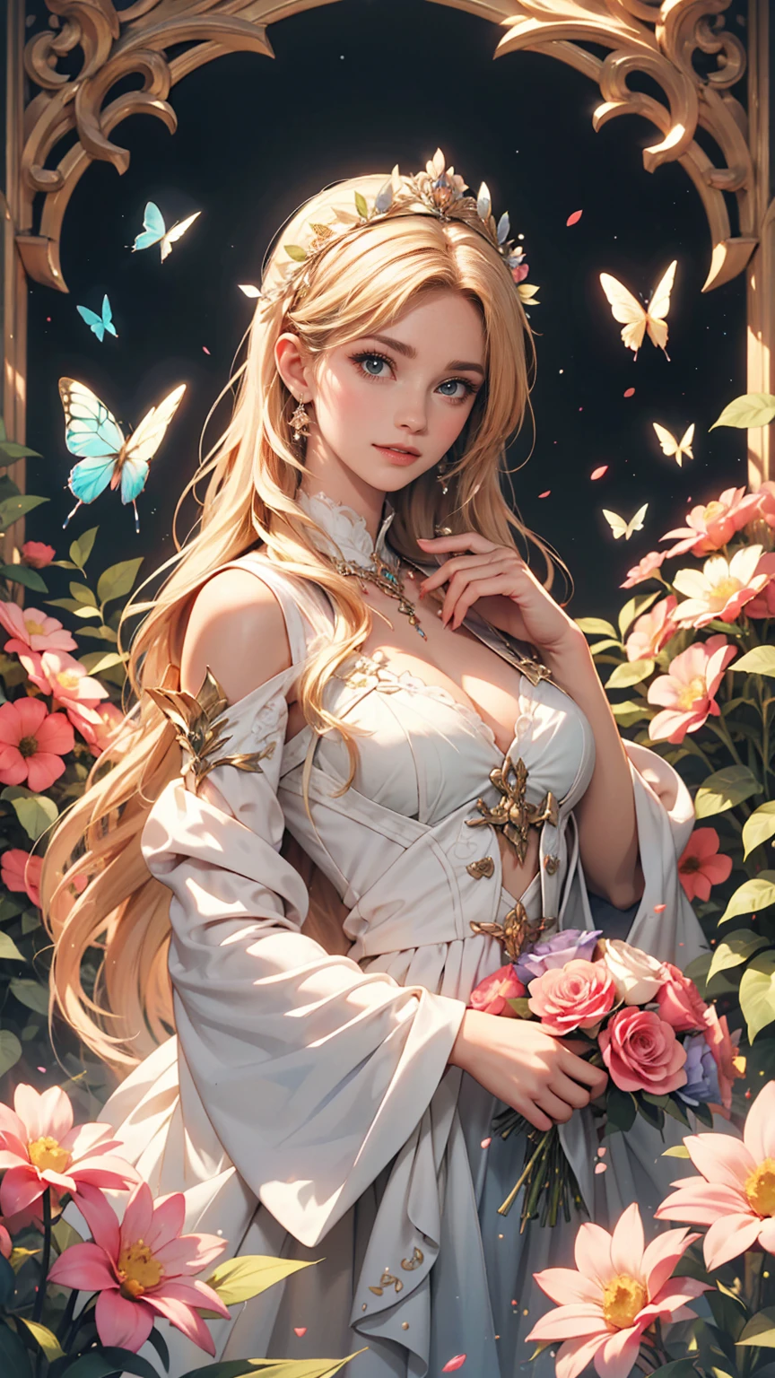 Beautiful mature woman in a fairy costume, Surrounded by flowers and butterflies. content: Watercolor. style: Whimsical and delicate, Like an illustration in a children's book