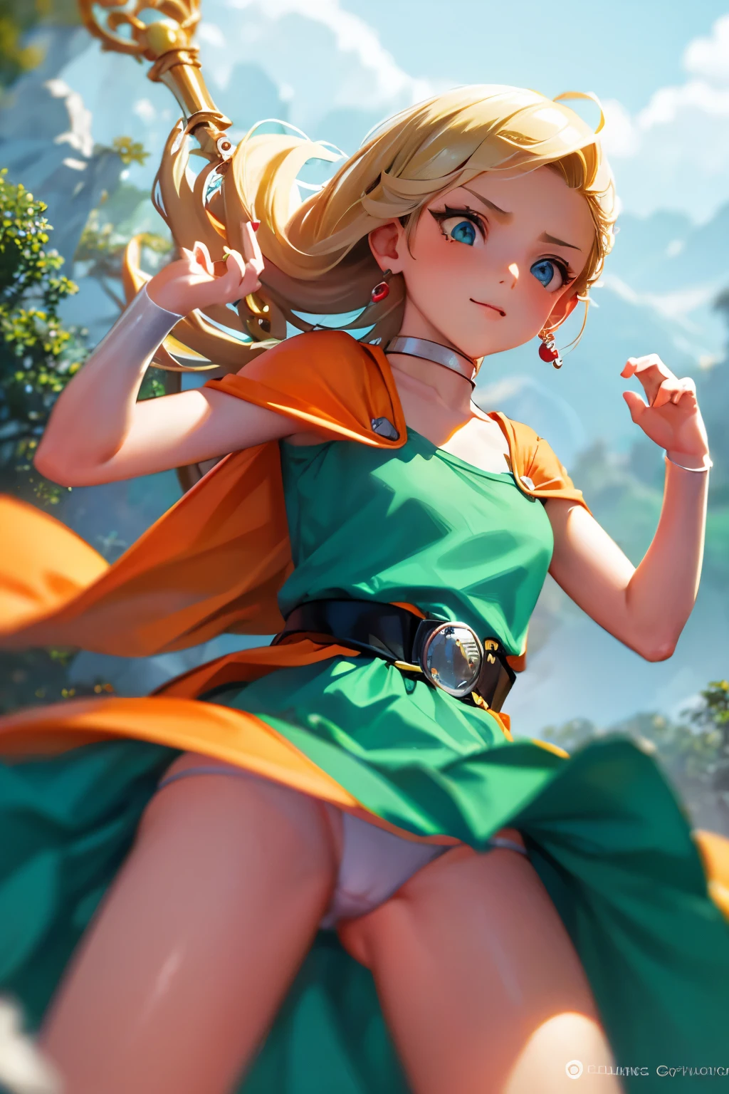 Bianca chanting a spell,(shoot from below),white panties,(storm from below),thundercloud,dqBianca
single braid,(green dress), earrings, choker, orange cape, belt