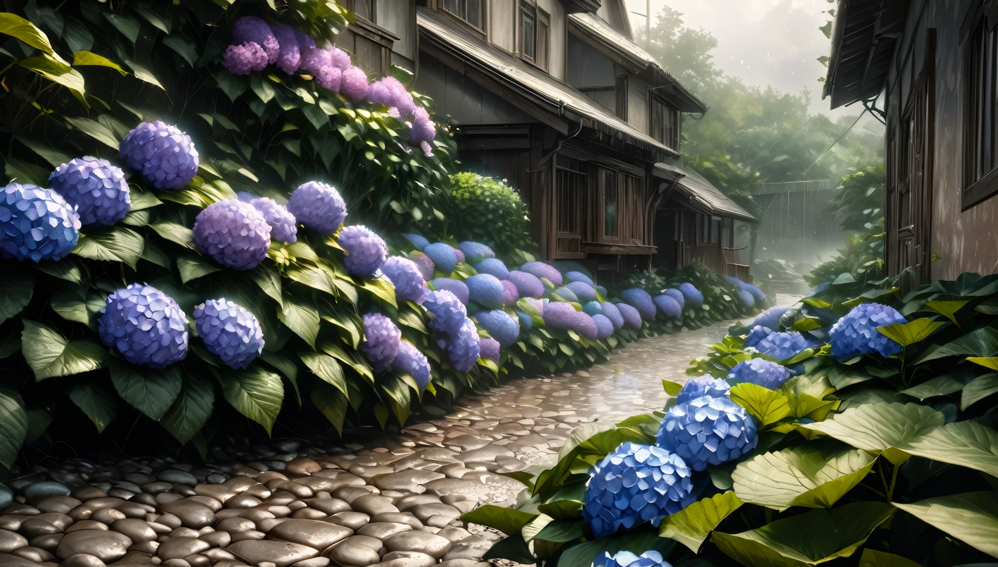 (highest quality:1.2, Very detailed, up to date, wallpaper, Ultra-high resolution, Photorealistic, masterpiece:1.2, highest quality, Best aesthetics),Hydrangea, garden, Light rain is falling, Small Slope, Pebble Road, Soft Light, Dark color palette, Loneliness, Silence.