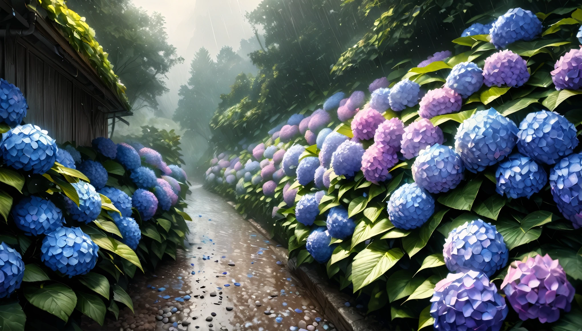 (highest quality:1.2, Very detailed, up to date, wallpaper, Ultra-high resolution, Photorealistic, masterpiece:1.2, highest quality, Best aesthetics),Hydrangea, garden, Light rain is falling, Small Slope, Pebble Road, Soft Light, Dark color palette, Loneliness, Silence.