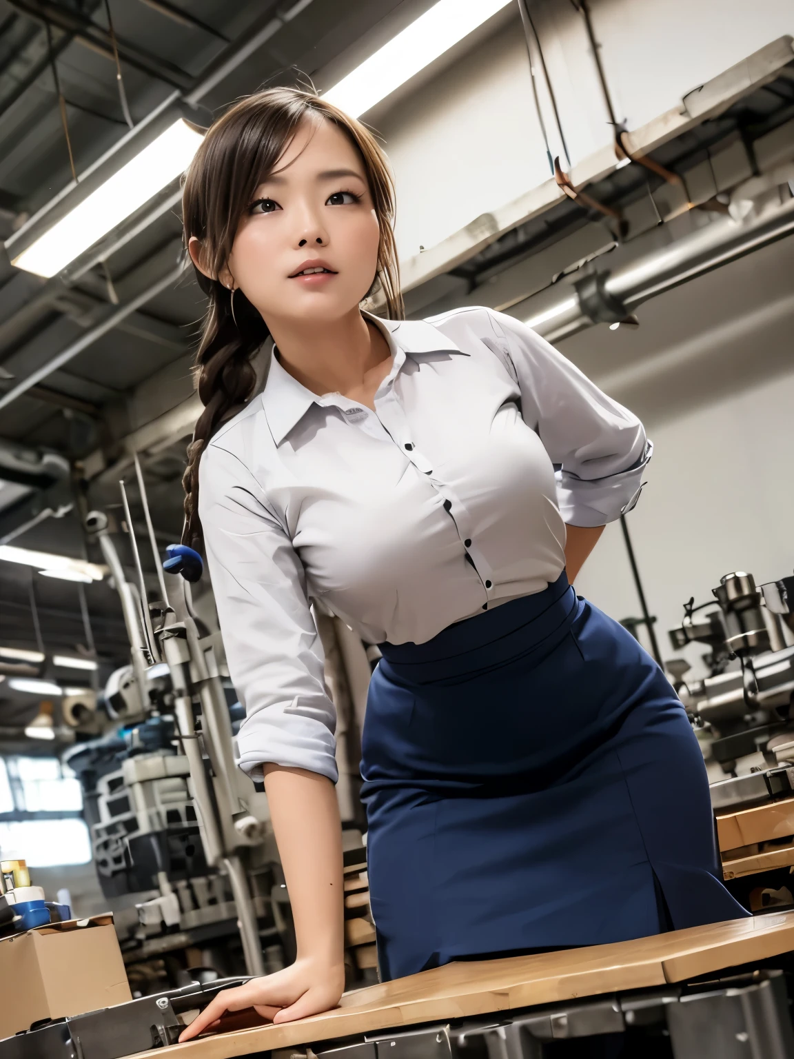 a women, (((round face))), factory clerk, wearing work clothes, skirt, straddling to hit her crotch on exposed pipe, open legs, raise leg, masturbation, ecstasy, in the factory, machines, ceiling, nameplate, id card, angle from back below,