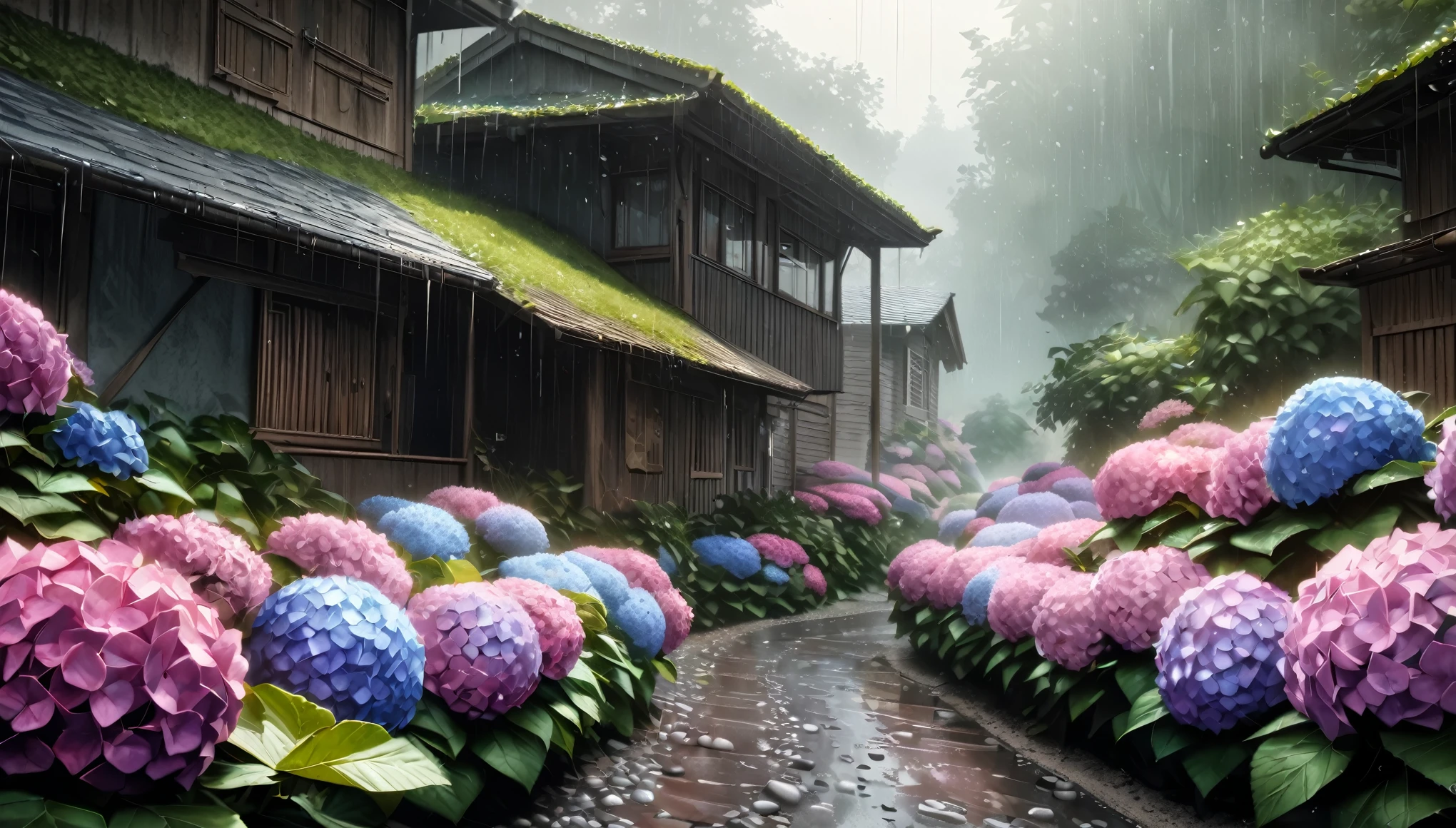 (highest quality:1.2, Very detailed, up to date, wallpaper, Ultra-high resolution, Photorealistic, masterpiece:1.2, highest quality, Best aesthetics),Hydrangea, garden, Light rain is falling, Small Slope, Pebble Road, Soft Light, Dark color palette, Loneliness, Silence.
