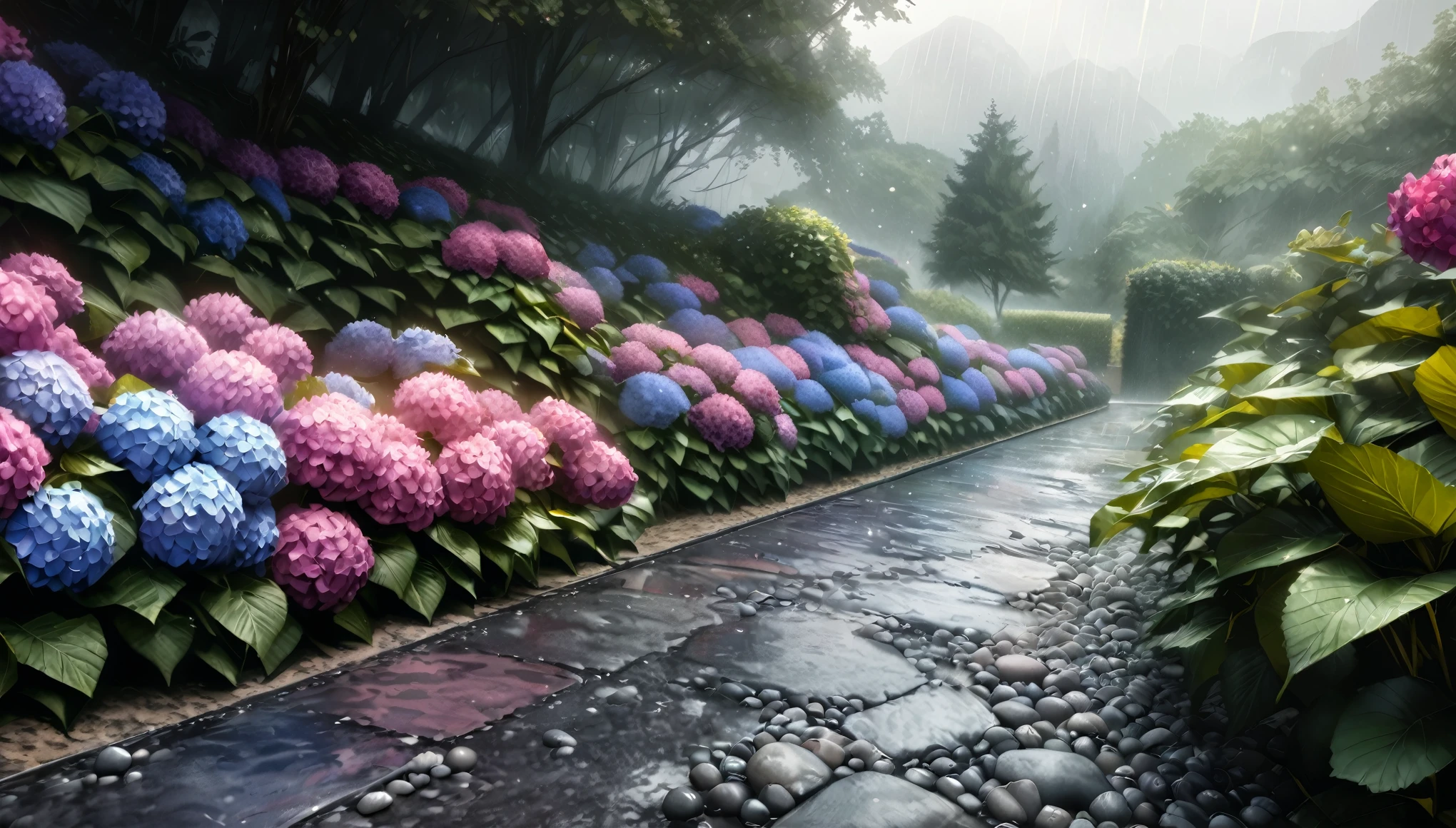 (highest quality:1.2, Very detailed, up to date, wallpaper, Ultra-high resolution, Photorealistic, masterpiece:1.2, highest quality, Best aesthetics),Hydrangea, garden, Light rain is falling, Small Slope, Pebble Road, Soft Light, Dark color palette, Loneliness, Silence.