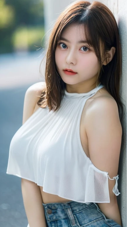 (((1girl))), highest quality, realism, Fine details, High resolution, 8k wallpaper, Perfect dynamic composition, Beautiful and delicate eyes, full, Large Breasts, (Tank tops to make your bust look beautiful - Bust coordination)、(Large Breasts:1.4)、Outdoor、27 years old、(Droopy Eyes 1.4)、thin,Full Body、Full Shot、(((Full body photography)))、