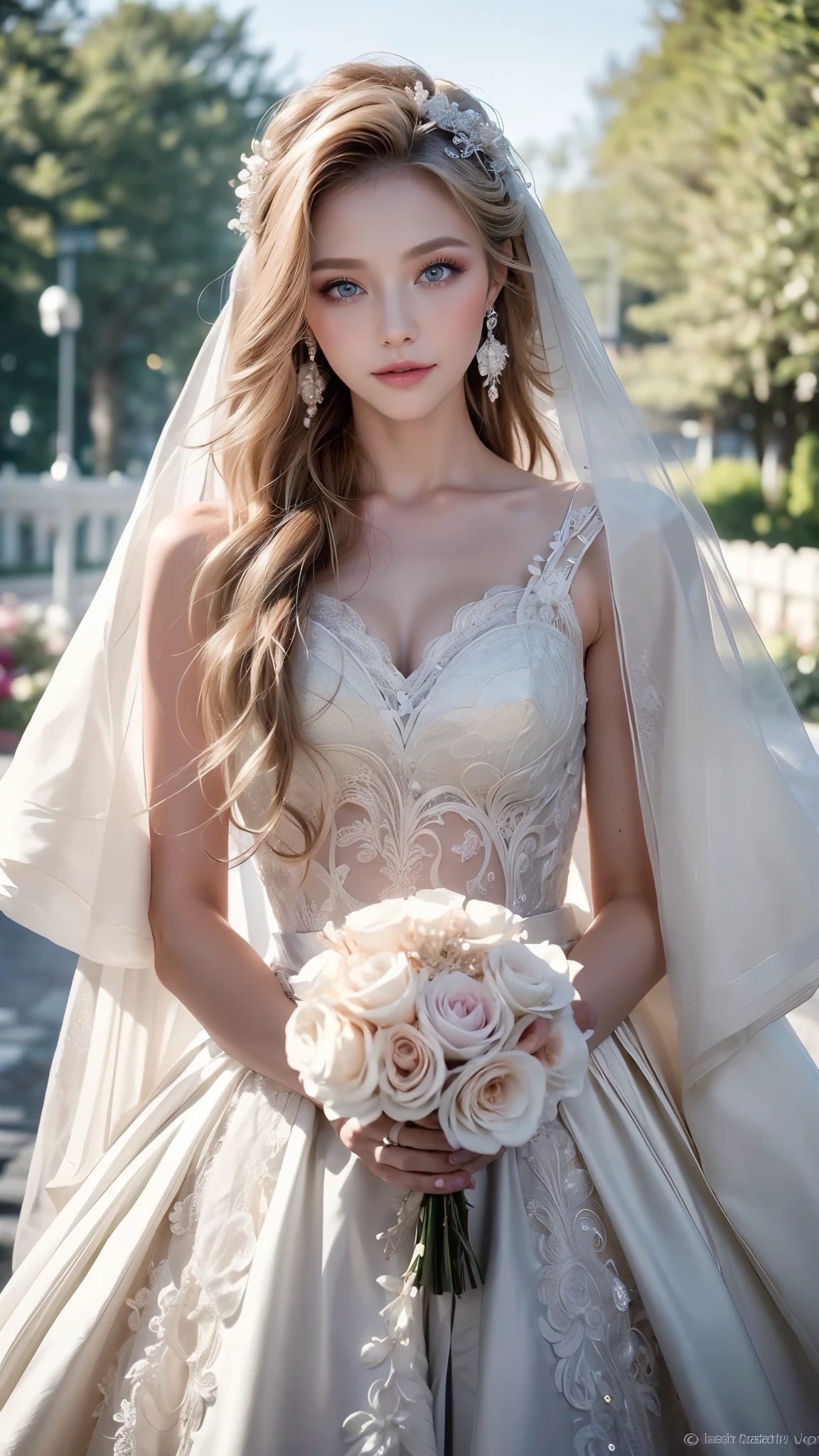 (masterpiece, best quality, beautiful and aesthetic:1.3), looking at viewer, 1girl, solo, light smile, (makeup, long hair, light beige hair, blue eyes:1.2), Octane Render, bridal veil, lace-trimmed dress, see-through, wedding dress, outdoors, white roses, garden, morning, standing, extreme detailed, 