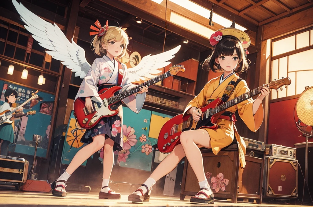 (masterpiece, best quality:1.1), popart style,flat color, (power trio band),tween girls,wear kimono,guitar,drums,keyboard,
they enjoy playing,japanese steam-punk atmosphere,long shot,taisho era,dynamic angel,beautiful lighting, photographic portrait, sharp,Illustration by okama,