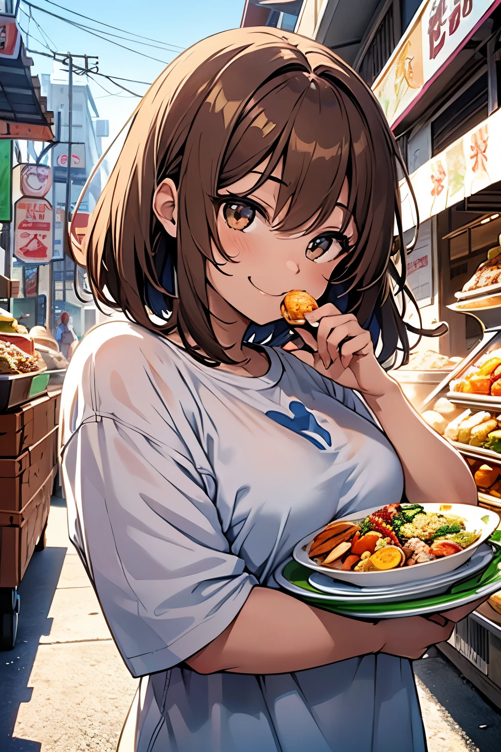 one girls with light brown hair and hazel eyes, a short bob, enlarged depiction of the upper body, holds a plate with various street snacks in a high resolution, no background, smiling wide with a delighted expression, detailed limb depiction, wears a large size white t-shirt, against a vivid neon background reminiscent of the colors found in nine palace map photos. The girls takes a bite of a delicious snack, her eyes sparkling with enjoyment. The colorful array of food on the plate creates a mouth-watering sensation for the viewer. Her pose is casual and laid-back, embodying the carefree spirit of trying new street snacks. The high-res