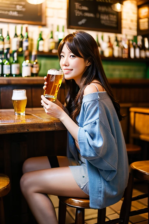 a beautiful japanese woman, Drinking beer at a pub, 8k, super detail, best quality, (photorealistic:1.5), (full body:1.5), (long hair)