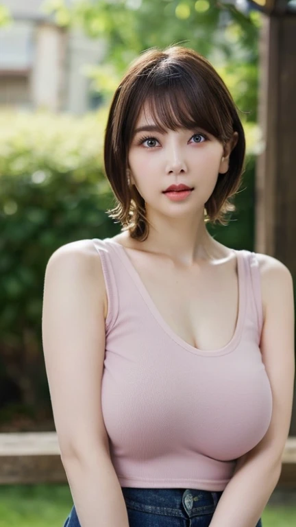 (((1girl))), highest quality, realism, Fine details, High resolution, 8k wallpaper, Perfect dynamic composition, Beautiful and delicate eyes, full, Large Breasts, (Tank tops to make your bust look beautiful - Bust coordination)、(Large Breasts:1.4)、Outdoor、Age 35、(Droopy Eyes 1.4)、thin,Full Body、Full Shot、(((Full body photography)))、