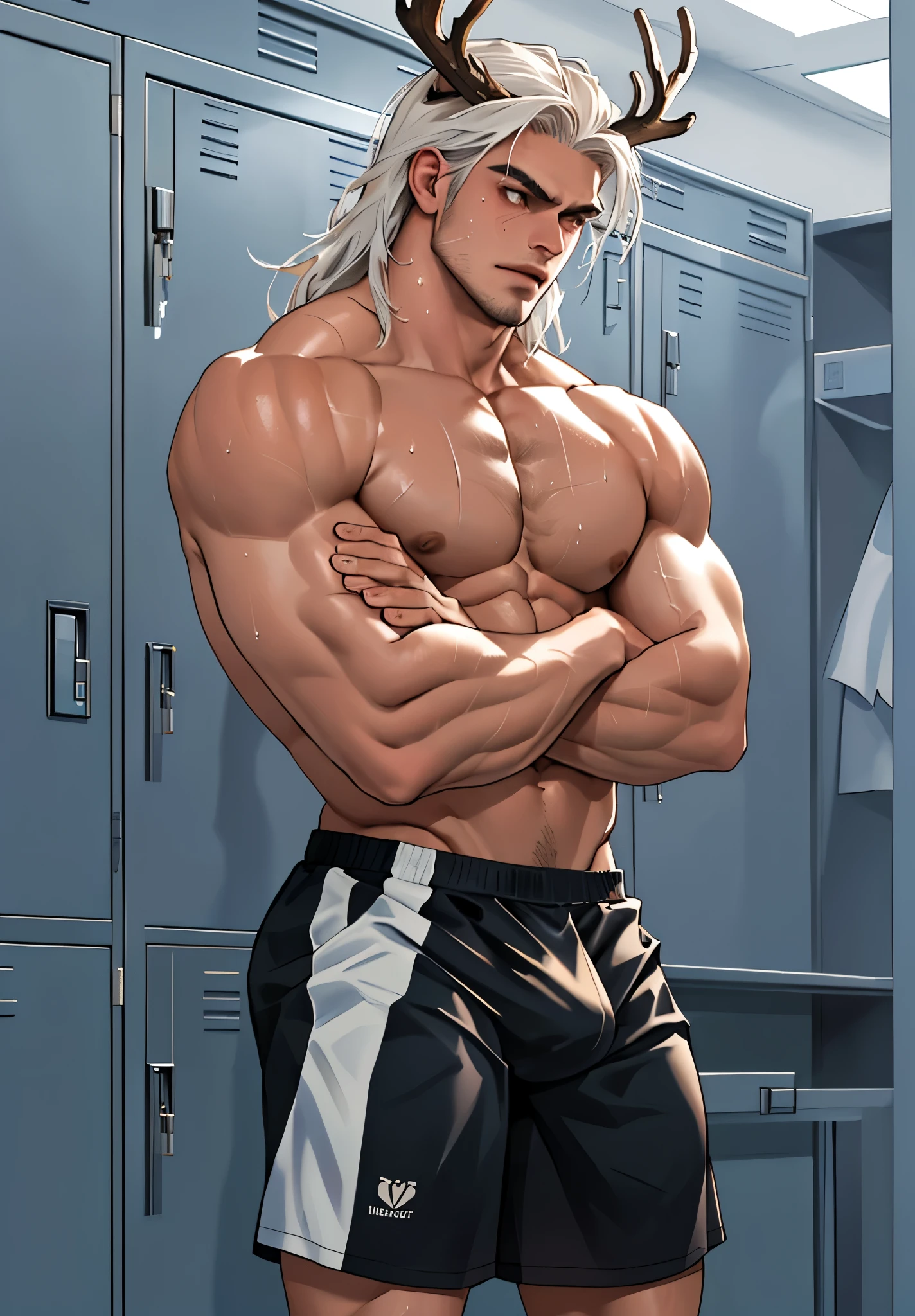 Close up, there is a young man with deer horns that is standing next in locker room, commission for high res, sfw version, bare chest, anthropomorphic, muscular chest, highly detailed full body, (sfw) safe for work, strong and imposing, detailed full body, muscular character, extra detailed body, macho pose, body detailed, (looking form beside), wet body, sweaty, long white hair, Topless, many body hair, huge crotch, white shorts, volleyball player, crossed arms pose, body hair, innocent face, White eyes,