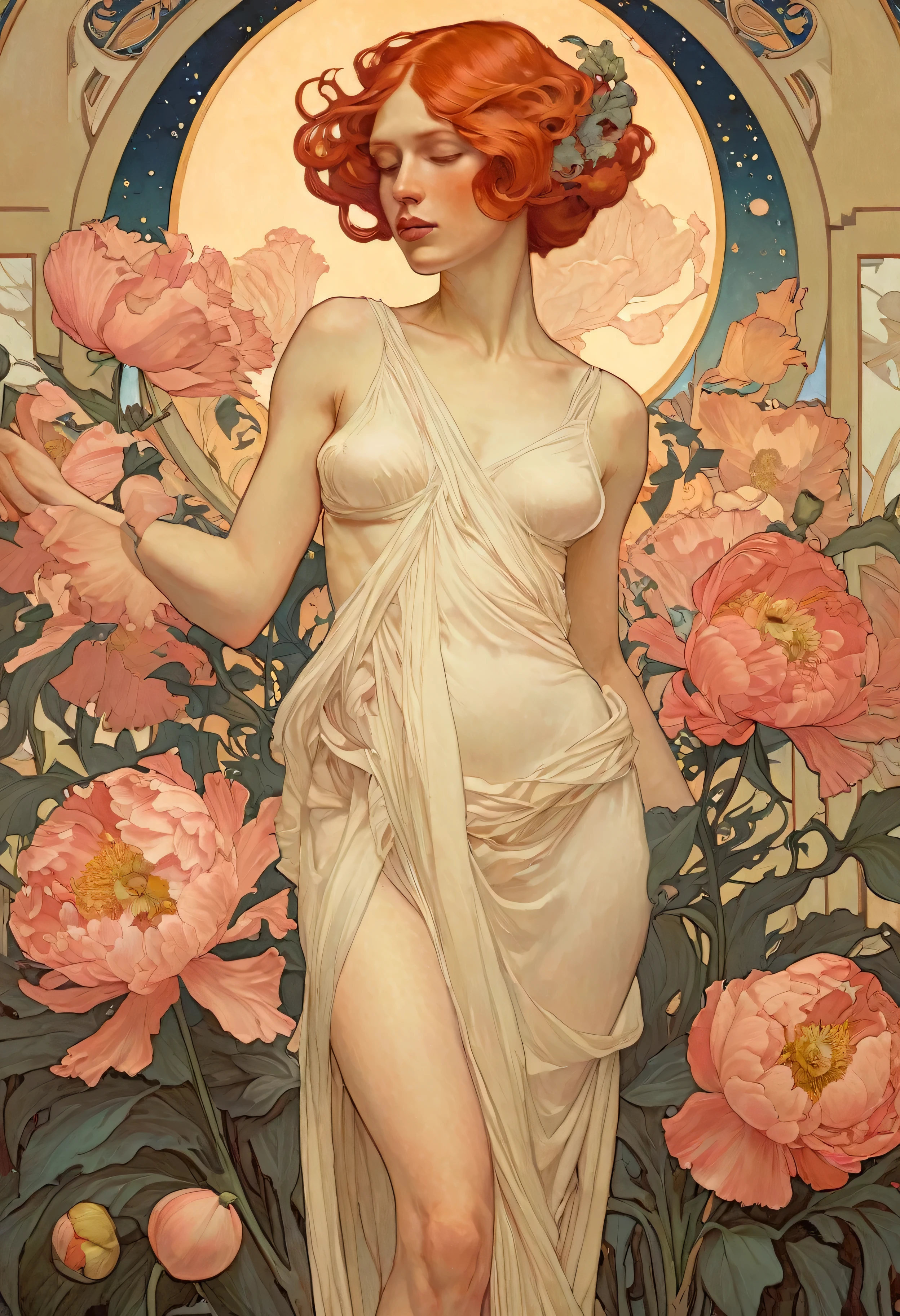 (Loish:1), (Leyendecker:1.3), (James Gilleard:0.7), (Alphonse Mucha:1.1), (Gustav Klimt:0.2), a red headed woman, ethereal, athletic body, pastel colours, mysterious, texture, details, intricate, realistic, flowers, (full body shot:1.3), simple elegant dress, divine, peonies, poppy, cosmic, poetic