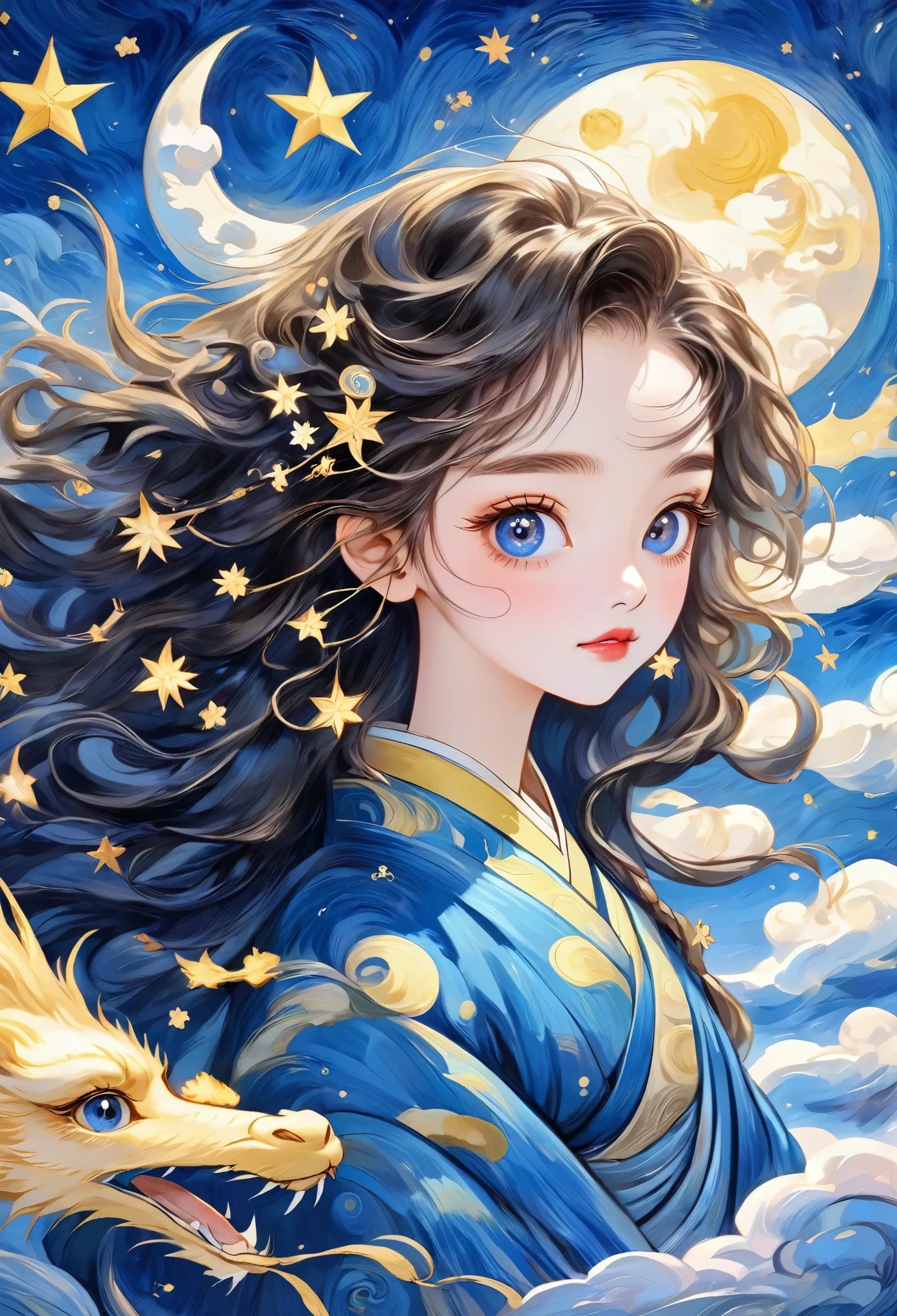 Hand-drawn style：粗糙的Texture，1 Girl，Beautiful face，Fluffy messy long hair，Surprise hair，big eyes，Bright Eyes，Delicate lashes，Hanfu，Human anatomy is correct。Cloud，Star，moon，The wyvern circles：1.37，Beautiful details，Texture，Blue and gold，Integrating into the art of Van Gogh