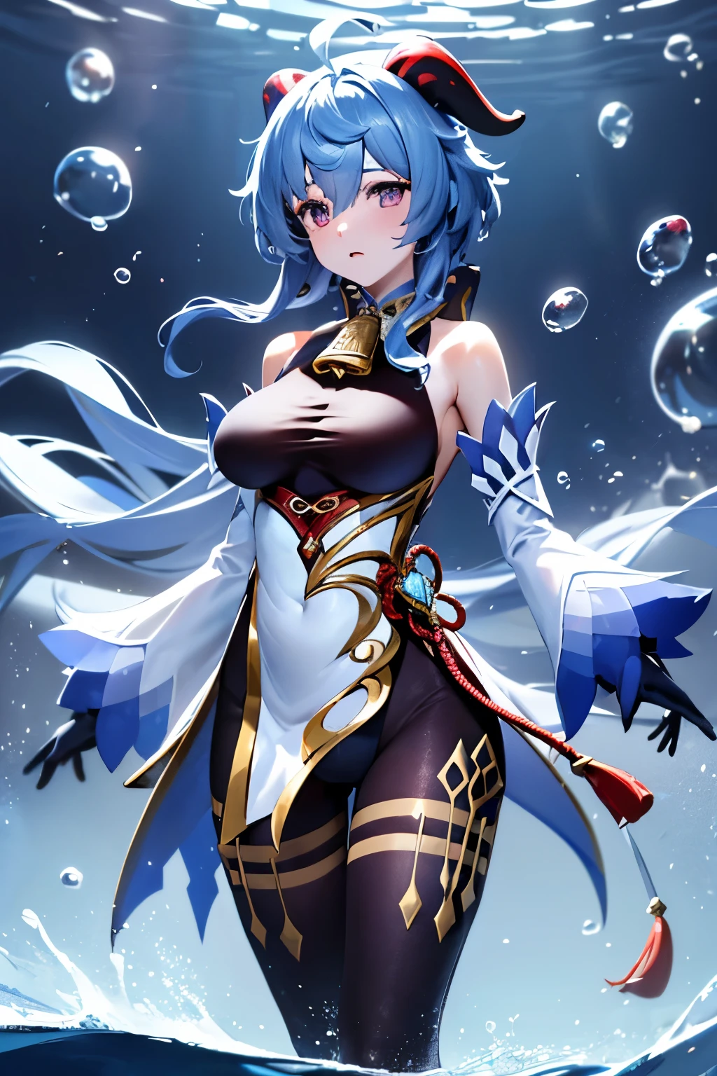 ((ganyudef)):1.5,((masterpiece,highest quality,Highly detailed images,Beautiful images))1.4(Image of ganyu with arms outstretched、Huge underwater ruins in the background、Underwater world、Many bubbles floating around、Overall dim lighting、Backlight、A fantastic atmosphere、Dust flutters)1.3,(Close-up image of ganyu)1.1、(Emphasize the chest、Cleavage covered by tights、Exposed lateral breasts):1.2