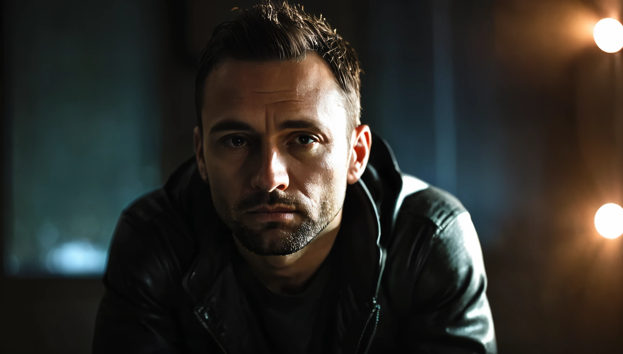 A 34 year old,male,human, perfect quality, sitting,in a dark room,facing camera, upfront,facial expressions,warning,robber,high detailing,bokeh, background blur, ultra realistic,